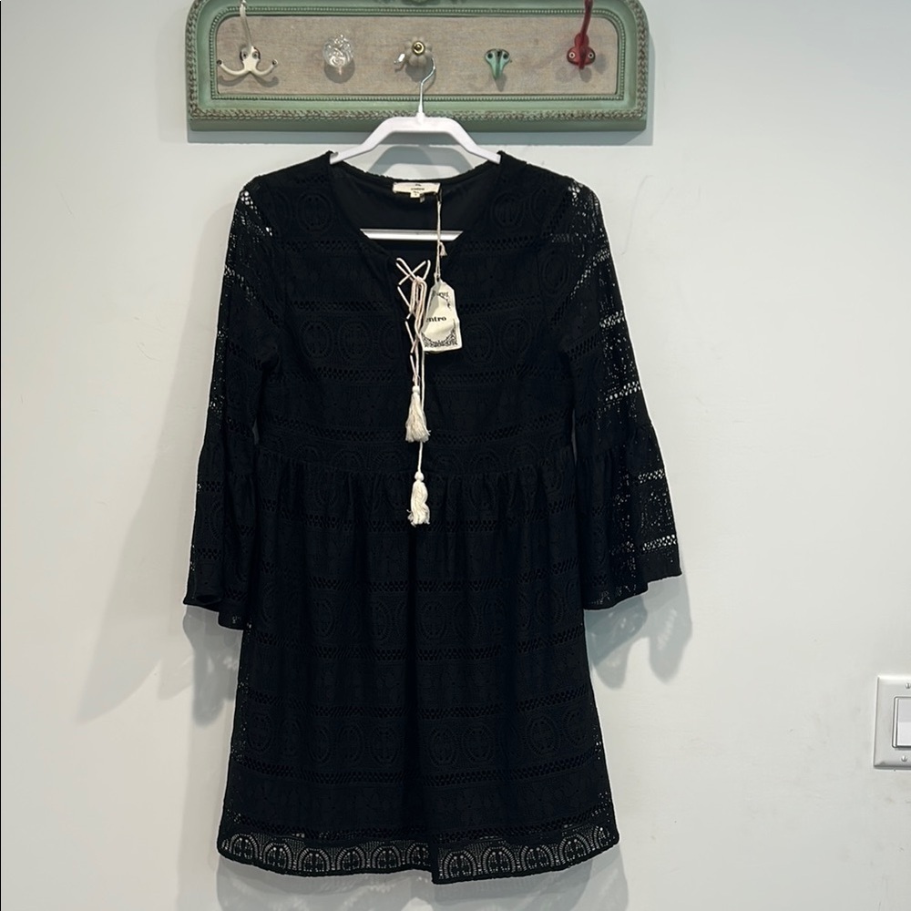 Entro Black Lace Dress bohemian long sleeve mini dress with Tassel tie small new